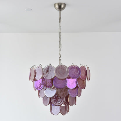 Elegant Pink Glass Disc Chandelier with Adjustable Height & Soft Light