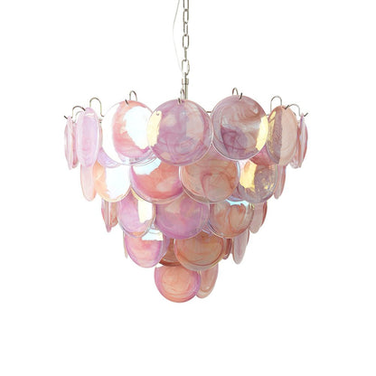 Elegant Pink Glass Disc Chandelier with Adjustable Height & Soft Light