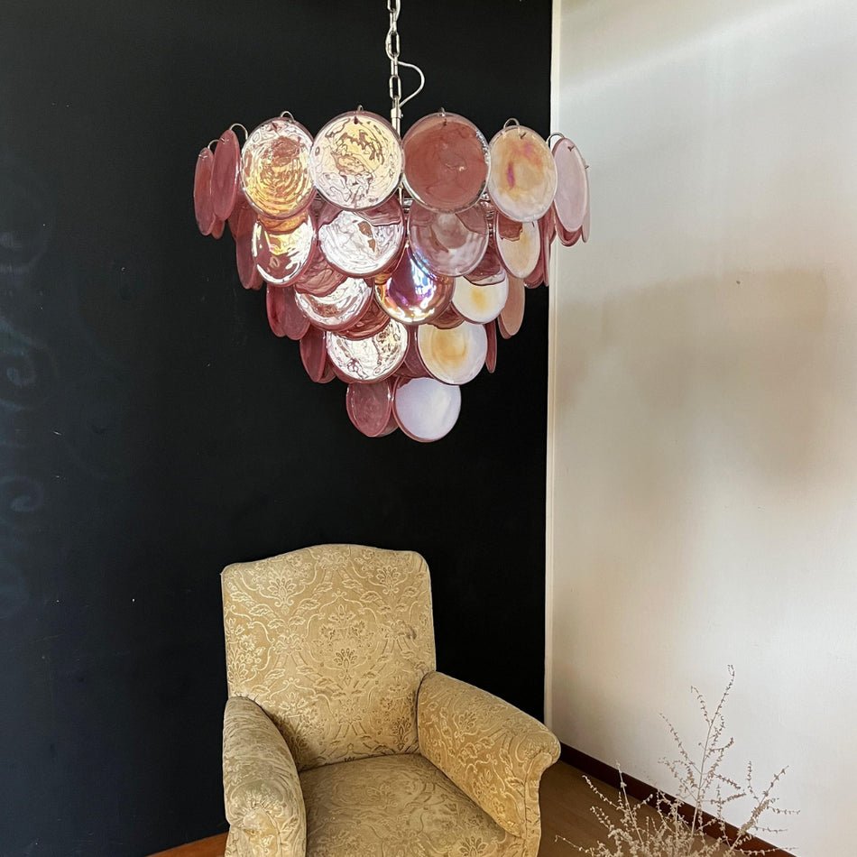 Elegant Pink Glass Disc Chandelier with Adjustable Height & Soft Light