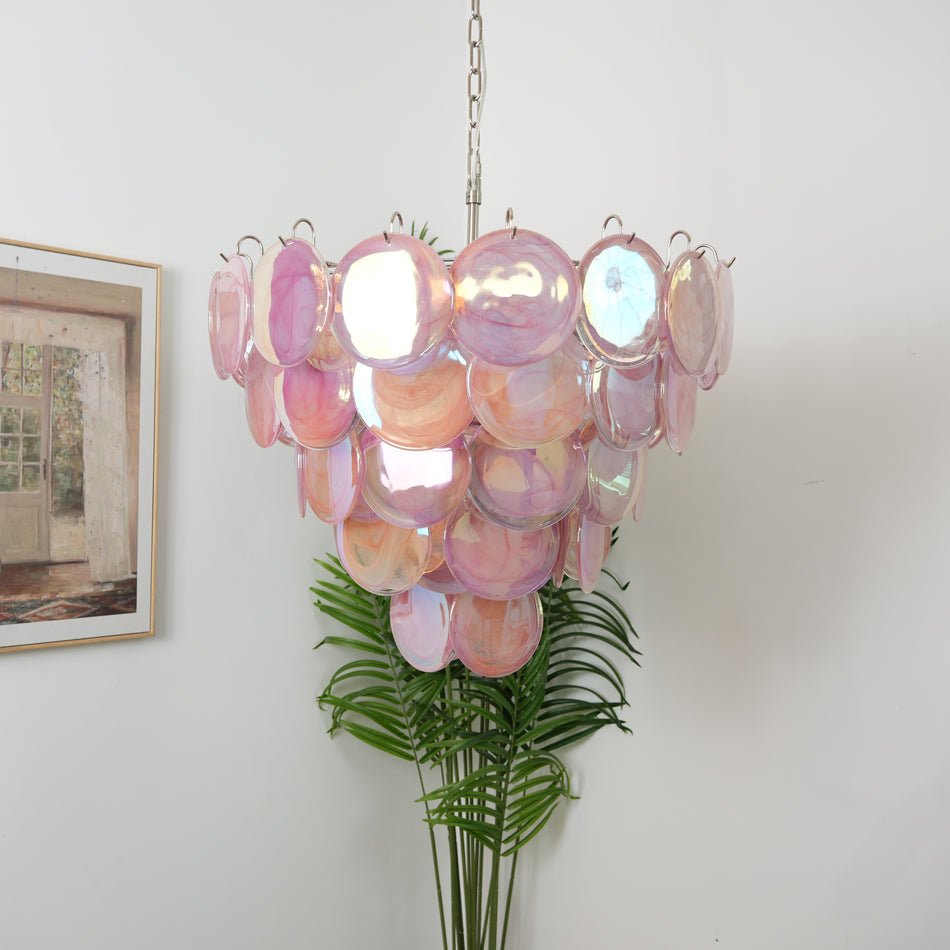 Elegant Pink Glass Disc Chandelier with Adjustable Height & Soft Light