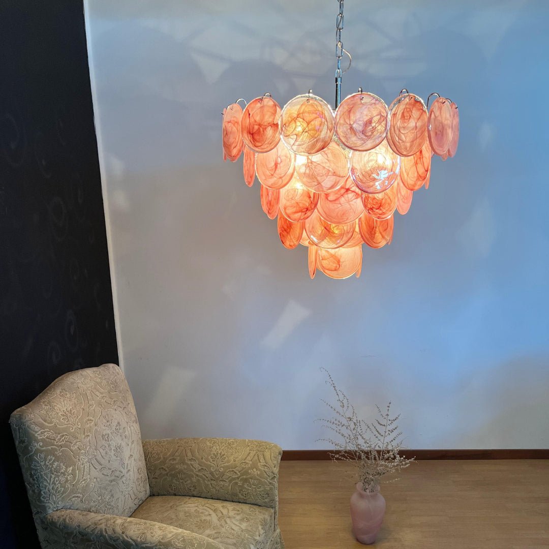 Elegant Pink Glass Disc Chandelier with Adjustable Height & Soft Light
