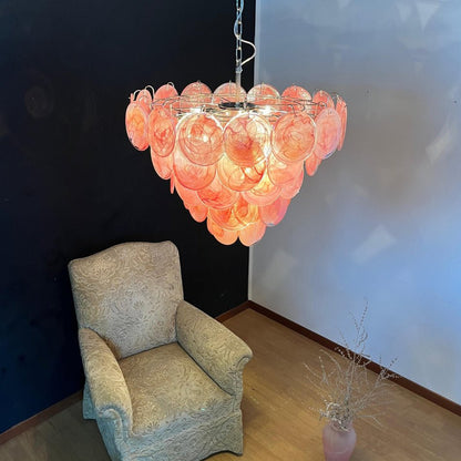 Elegant Pink Glass Disc Chandelier with Adjustable Height & Soft Light