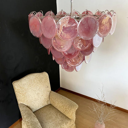 Elegant Pink Glass Disc Chandelier with Adjustable Height & Soft Light