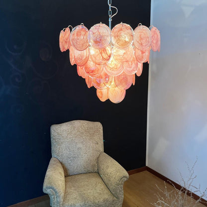 Elegant Pink Glass Disc Chandelier with Adjustable Height & Soft Light
