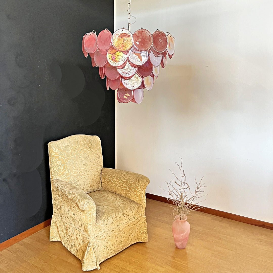 Elegant Pink Glass Disc Chandelier with Adjustable Height & Soft Light
