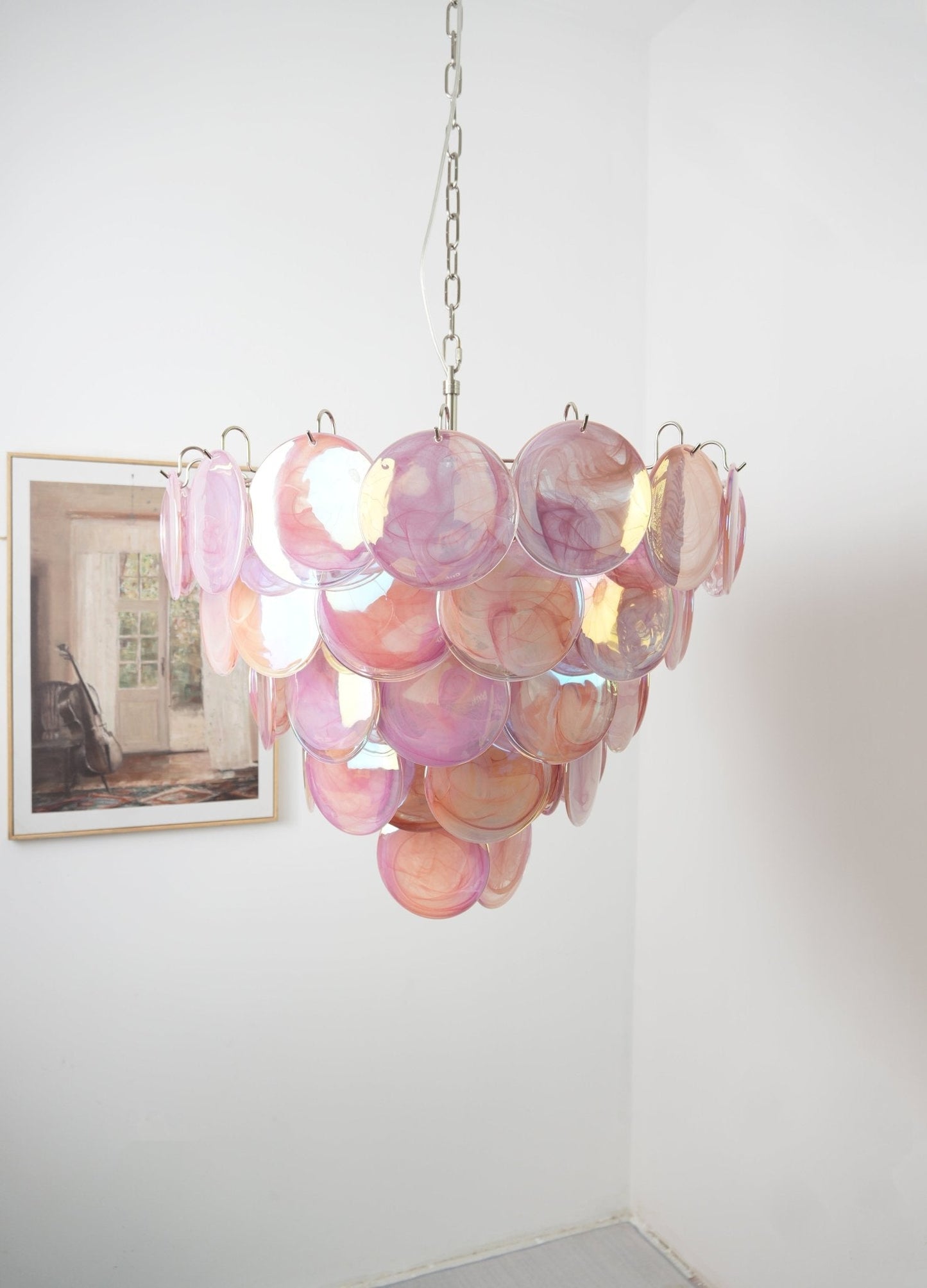 Elegant Pink Glass Disc Chandelier with Adjustable Height & Soft Light