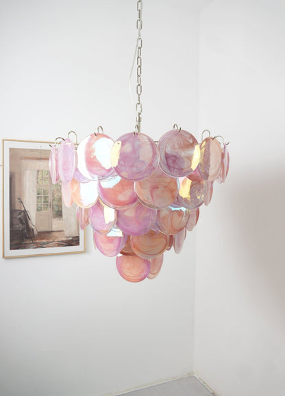 Elegant Pink Glass Disc Chandelier with Adjustable Height & Soft Light