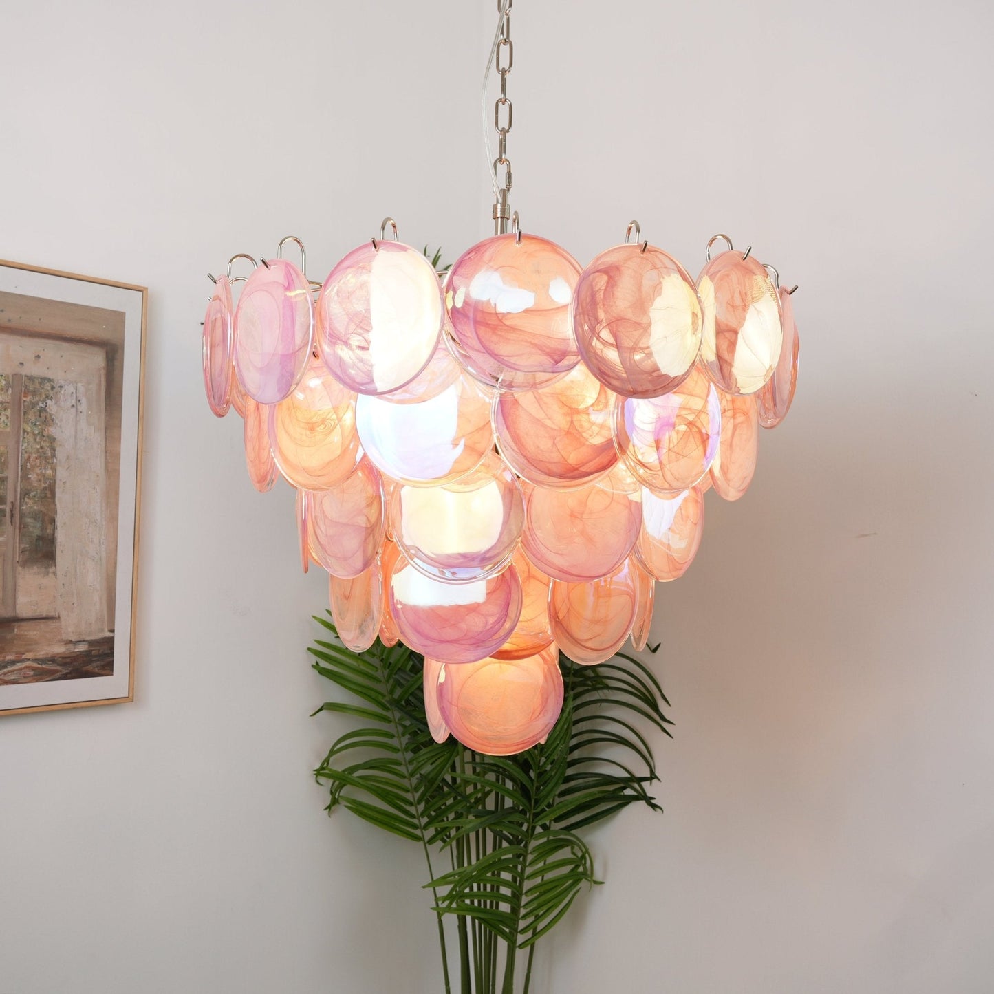 Elegant Pink Glass Disc Chandelier with Adjustable Height & Soft Light