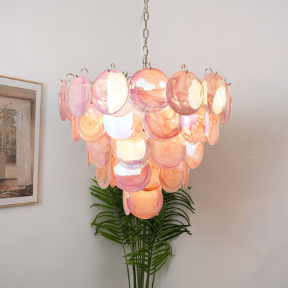 Elegant Pink Glass Disc Chandelier with Adjustable Height & Soft Light