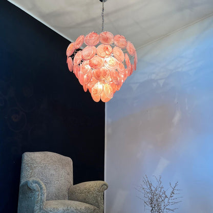 Elegant Pink Glass Disc Chandelier with Adjustable Height & Soft Light