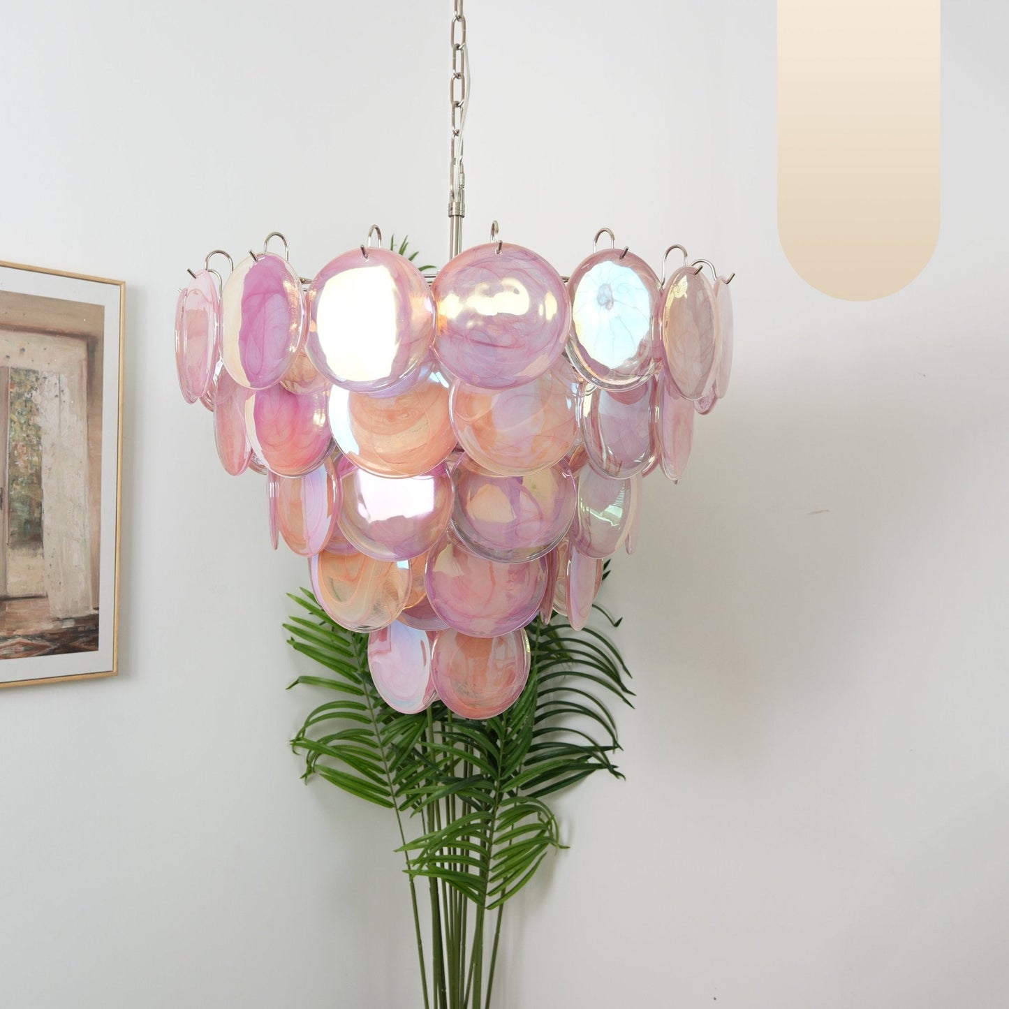 Elegant Pink Glass Disc Chandelier with Adjustable Height & Soft Light