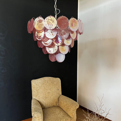 Elegant Pink Glass Disc Chandelier with Adjustable Height & Soft Light