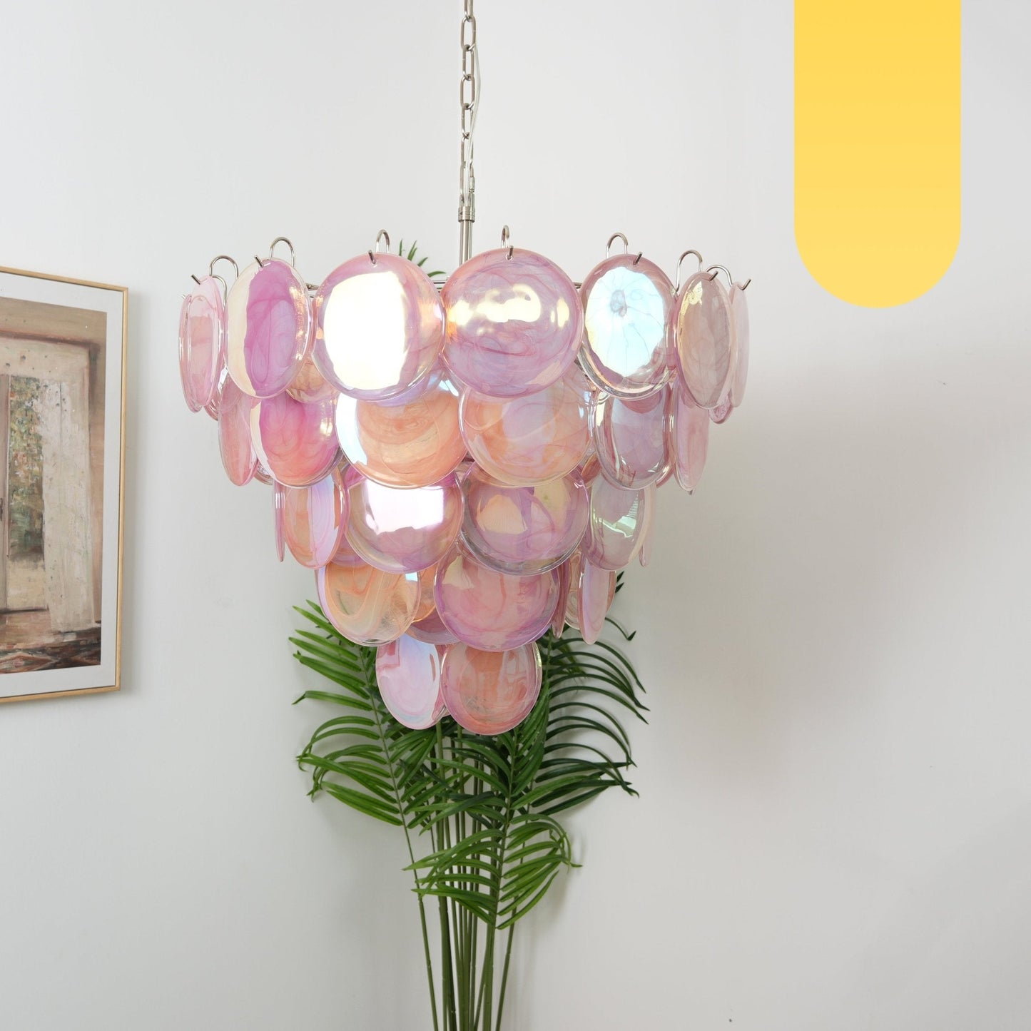 Elegant Pink Glass Disc Chandelier with Adjustable Height & Soft Light