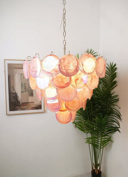 Elegant Pink Glass Disc Chandelier with Adjustable Height & Soft Light