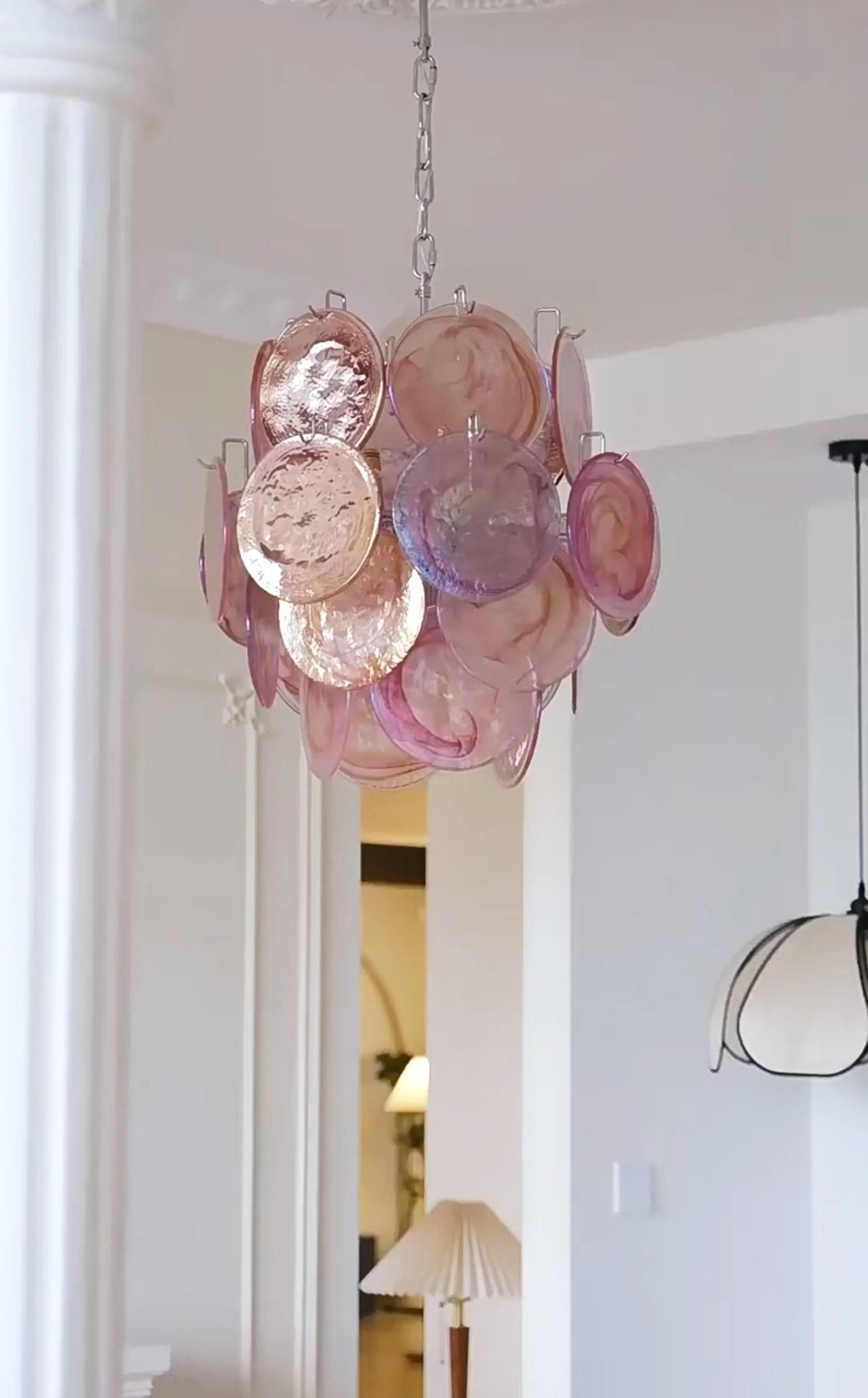 Elegant Pink Disc Glass Chandelier - Modern Design, Adjustable Height