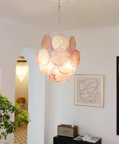 Elegant Pink Disc Glass Chandelier - Modern Design, Adjustable Height