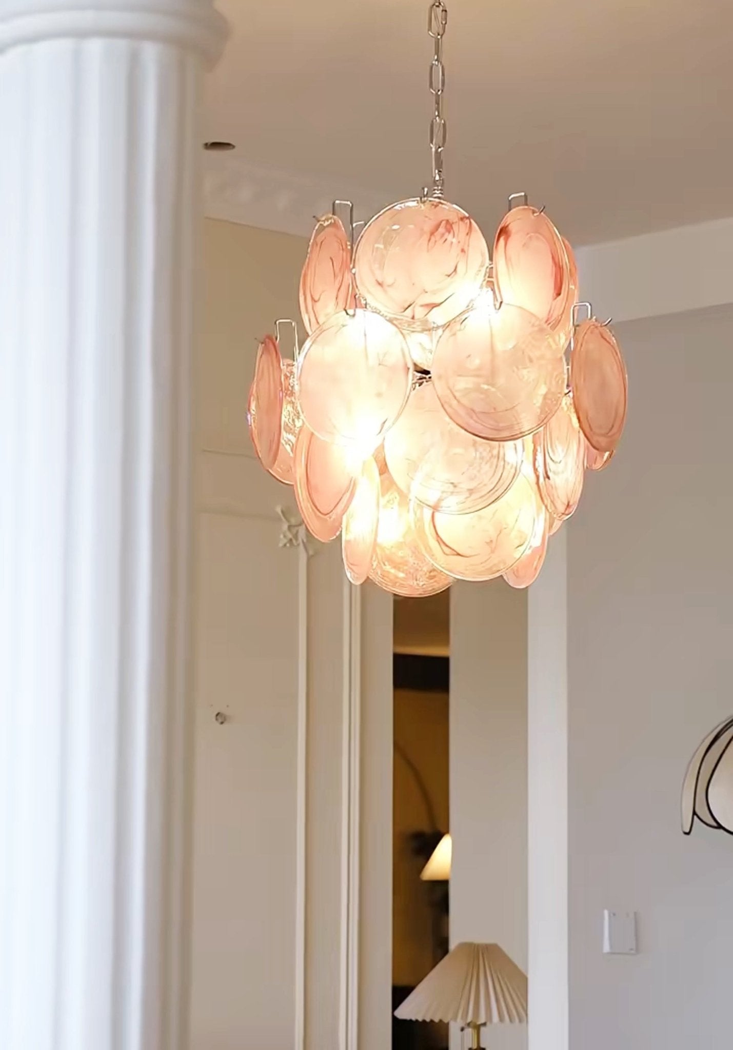 Elegant Pink Disc Glass Chandelier - Modern Design, Adjustable Height