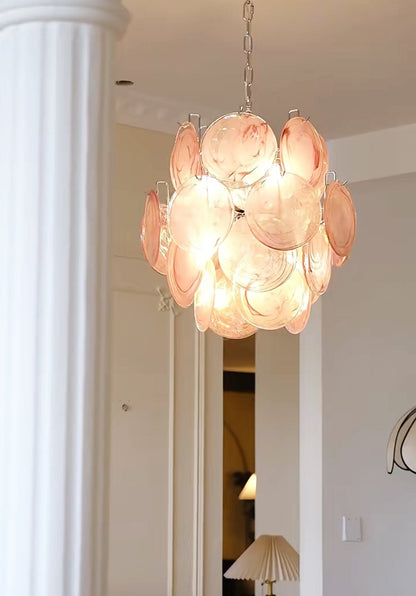 Elegant Pink Disc Glass Chandelier - Modern Design, Adjustable Height