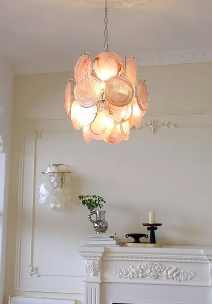 Elegant Pink Disc Glass Chandelier - Modern Design, Adjustable Height