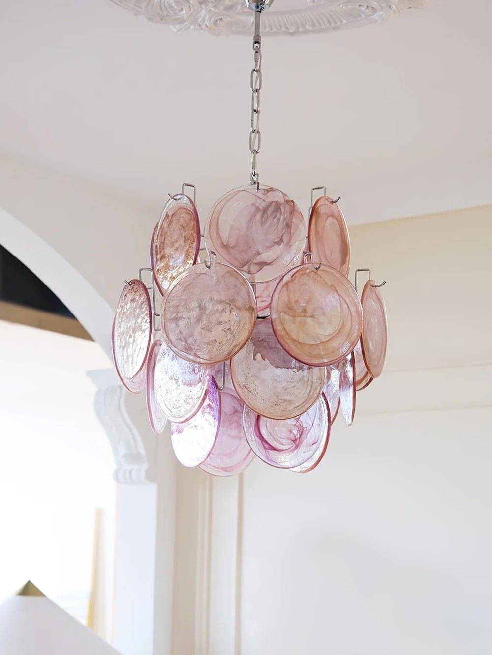 Elegant Pink Disc Glass Chandelier - Modern Design, Adjustable Height