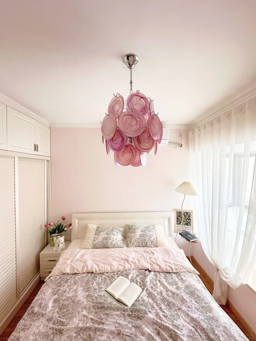 Elegant Pink Disc Glass Chandelier - Modern Design, Adjustable Height