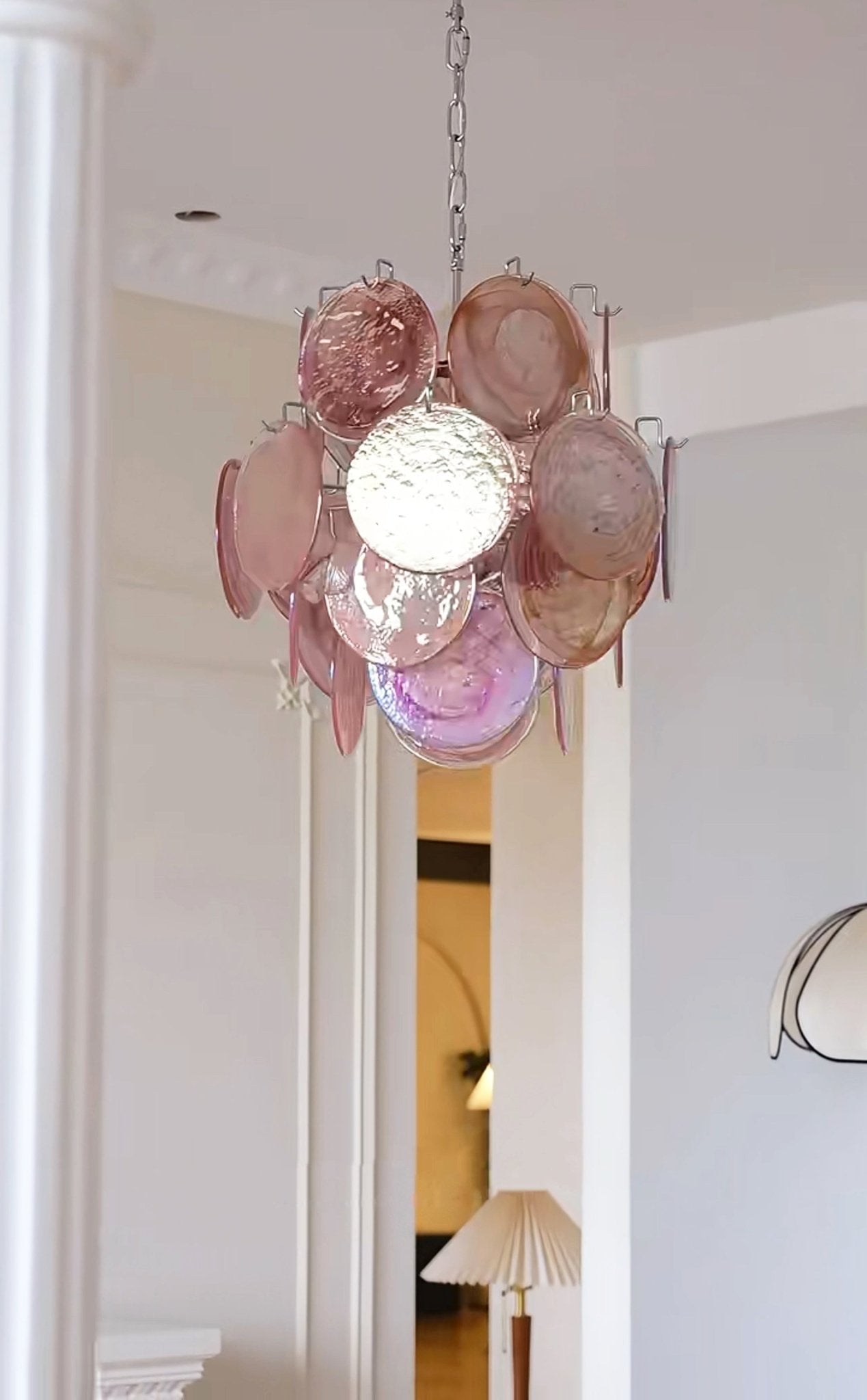 Elegant Pink Disc Glass Chandelier - Modern Design, Adjustable Height