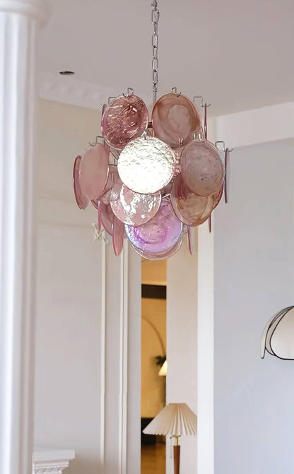 Elegant Pink Disc Glass Chandelier - Modern Design, Adjustable Height