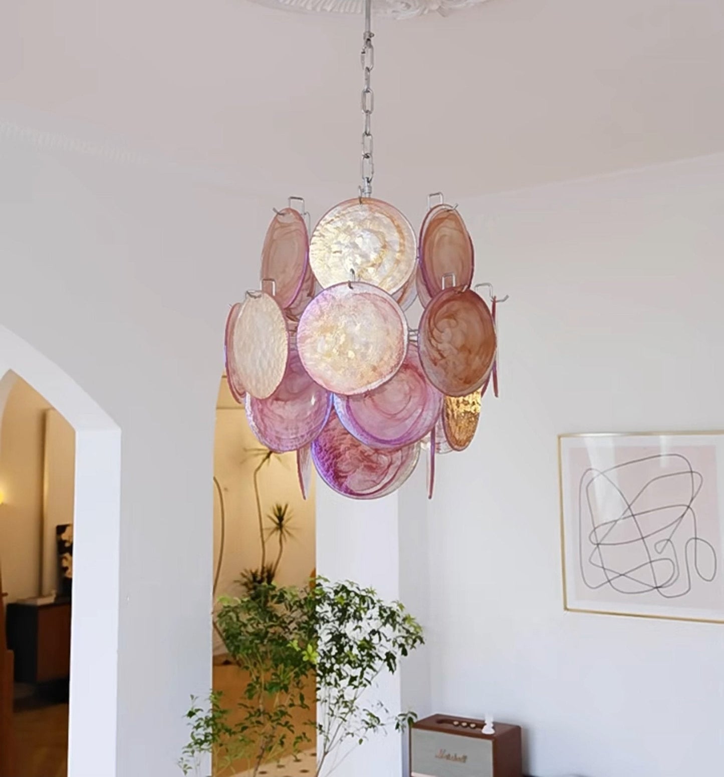 Elegant Pink Disc Glass Chandelier - Modern Design, Adjustable Height