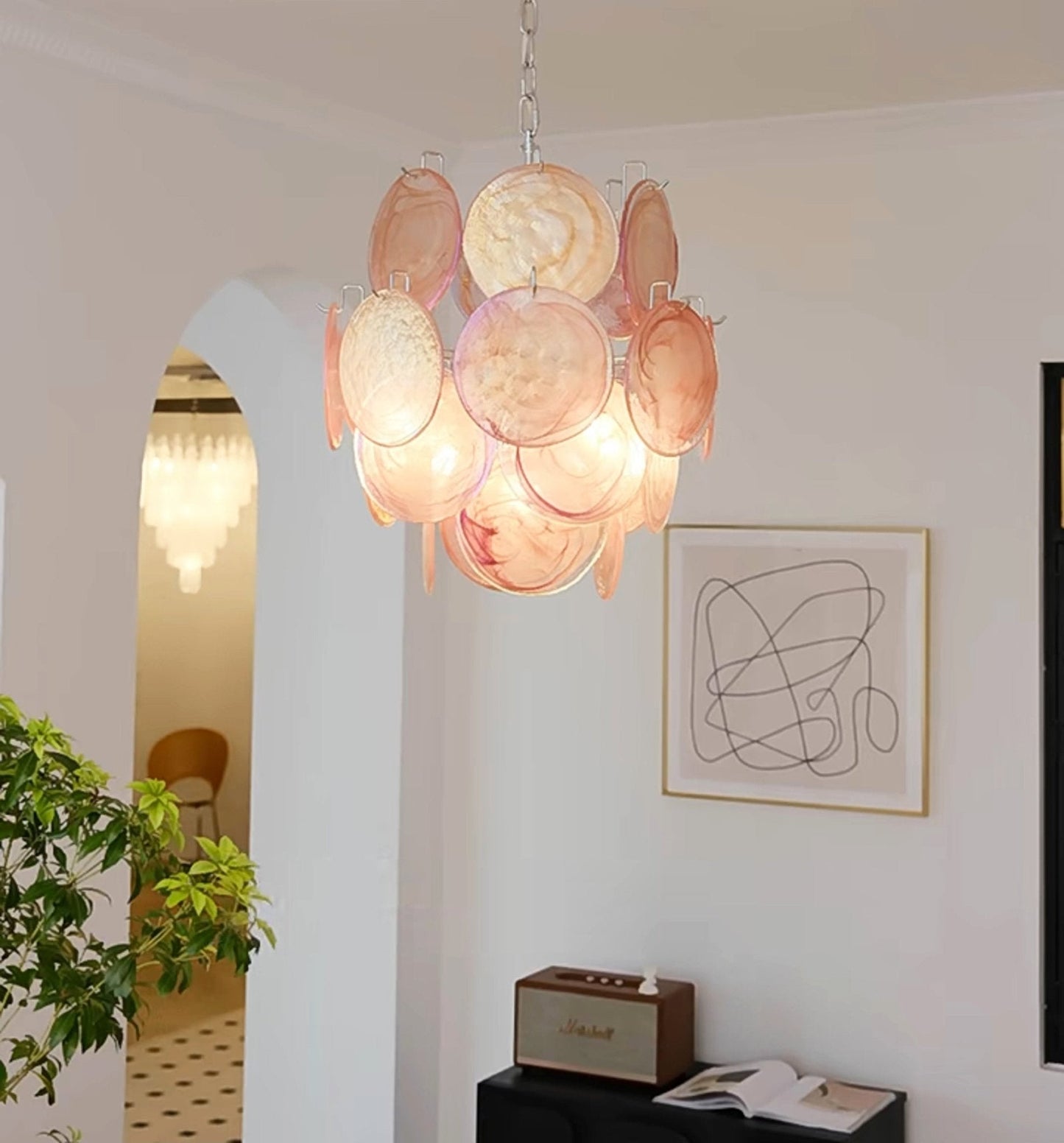 Elegant Pink Disc Glass Chandelier - Modern Design, Adjustable Height