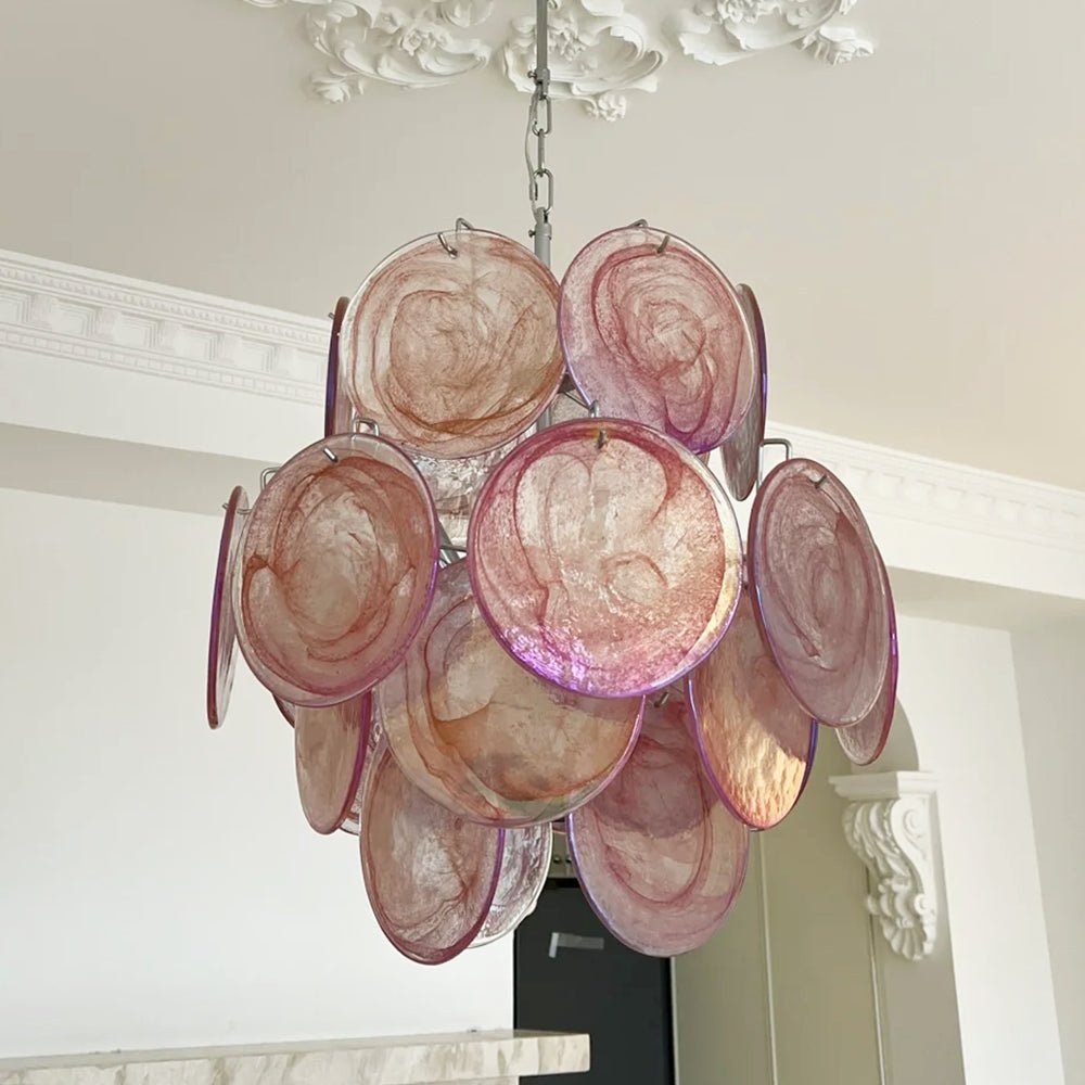 Elegant Pink Disc Glass Chandelier - Modern Design, Adjustable Height