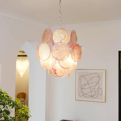 Elegant Pink Disc Glass Chandelier - Modern Design, Adjustable Height