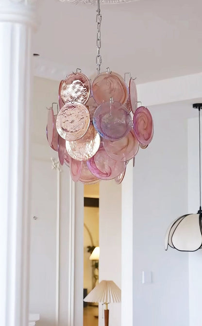 Elegant Pink Disc Glass Chandelier - Modern Design, Adjustable Height