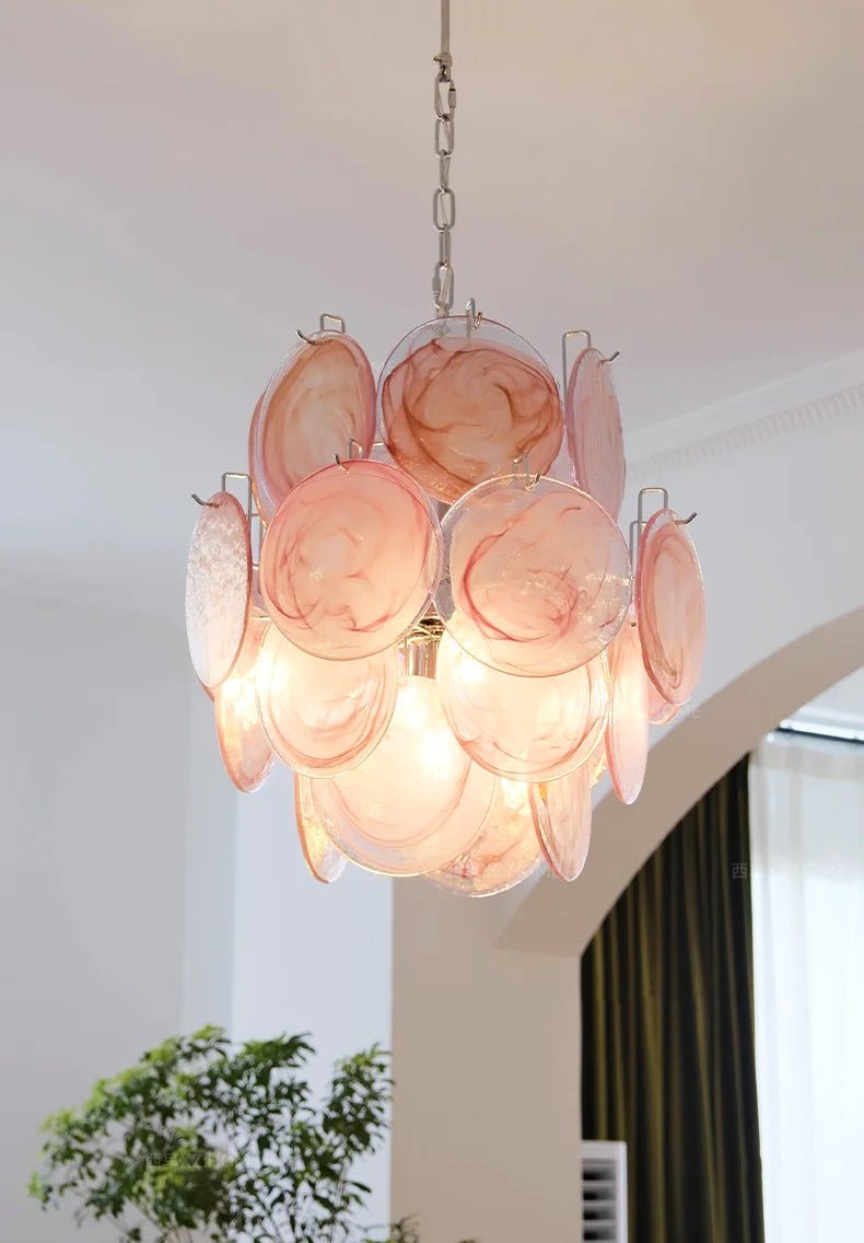 Elegant Pink Disc Glass Chandelier - Modern Design, Adjustable Height