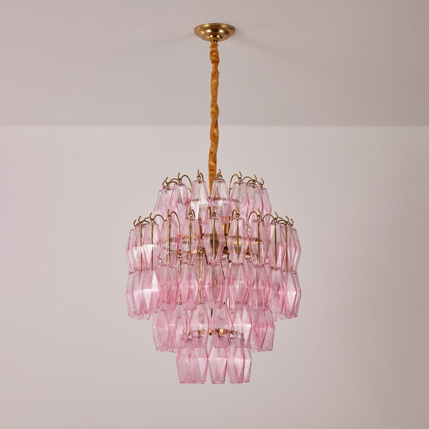 Elegant Pink Glass Prism Chandelier with Adjustable Height & LED Compa