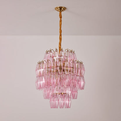 Elegant Pink Glass Prism Chandelier with Adjustable Height & LED Compa