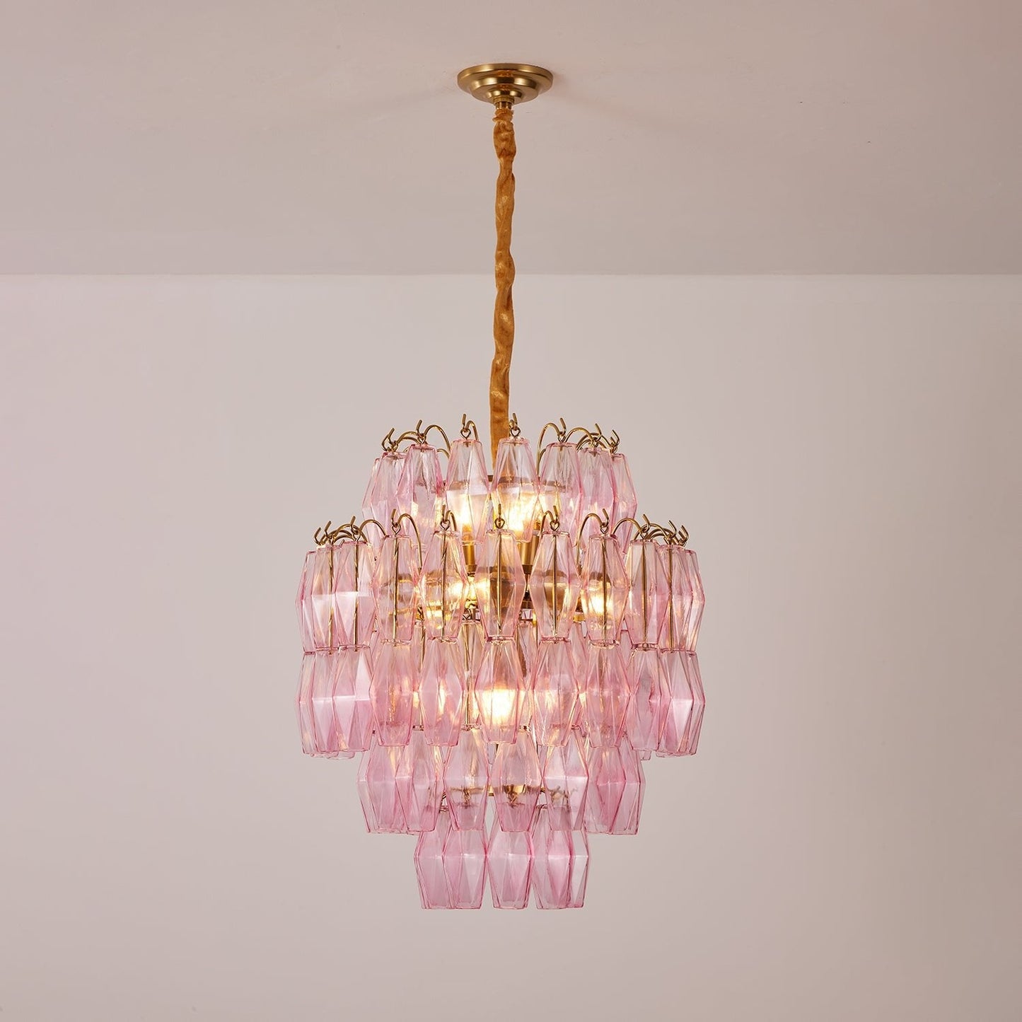 Elegant Pink Glass Prism Chandelier with Adjustable Height & LED Compa