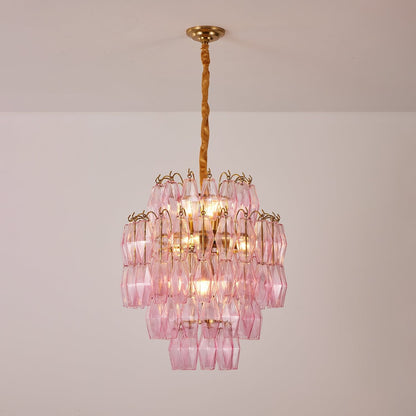 Elegant Pink Glass Prism Chandelier with Adjustable Height & LED Compa