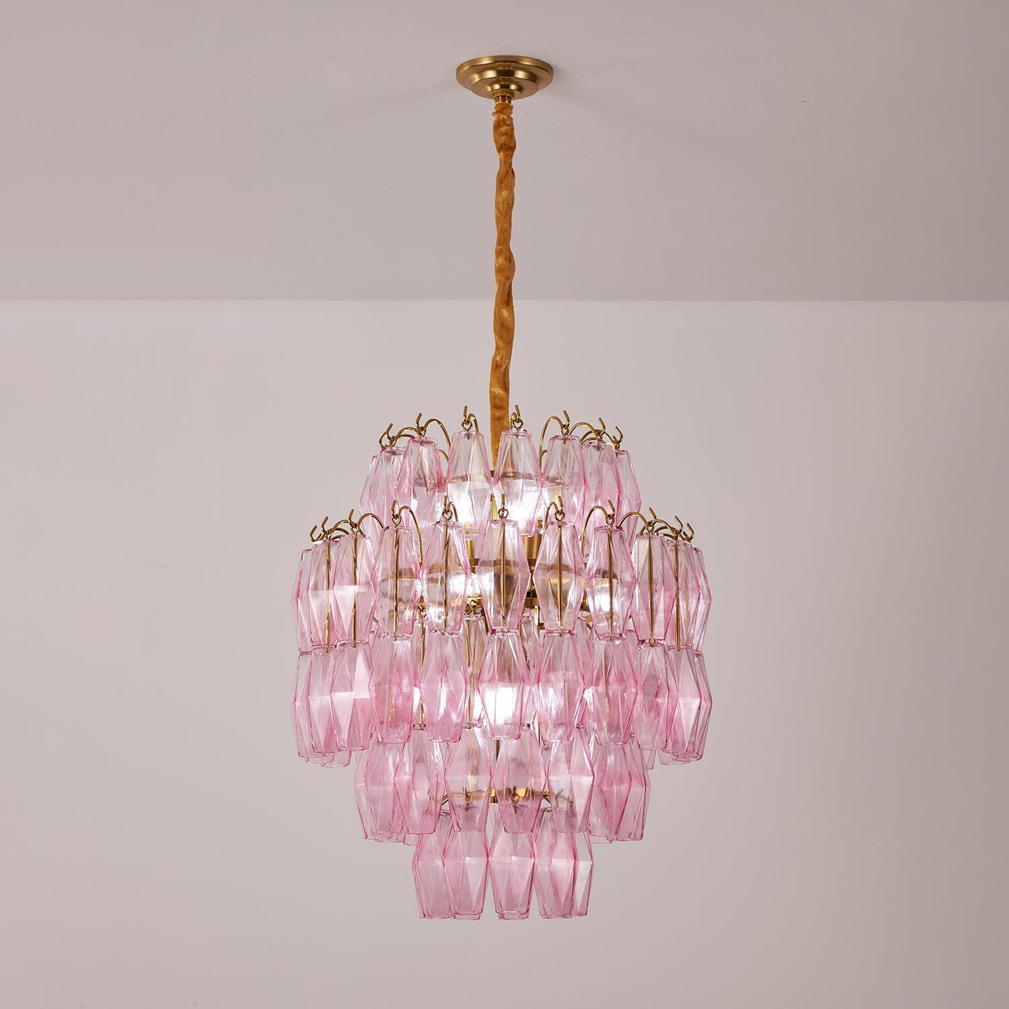 Elegant Pink Glass Prism Chandelier with Adjustable Height & LED Compa