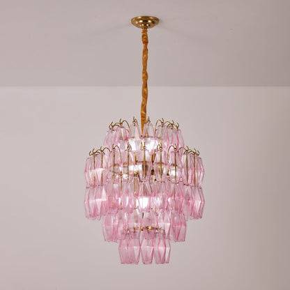 Elegant Pink Glass Prism Chandelier with Adjustable Height & LED Compa