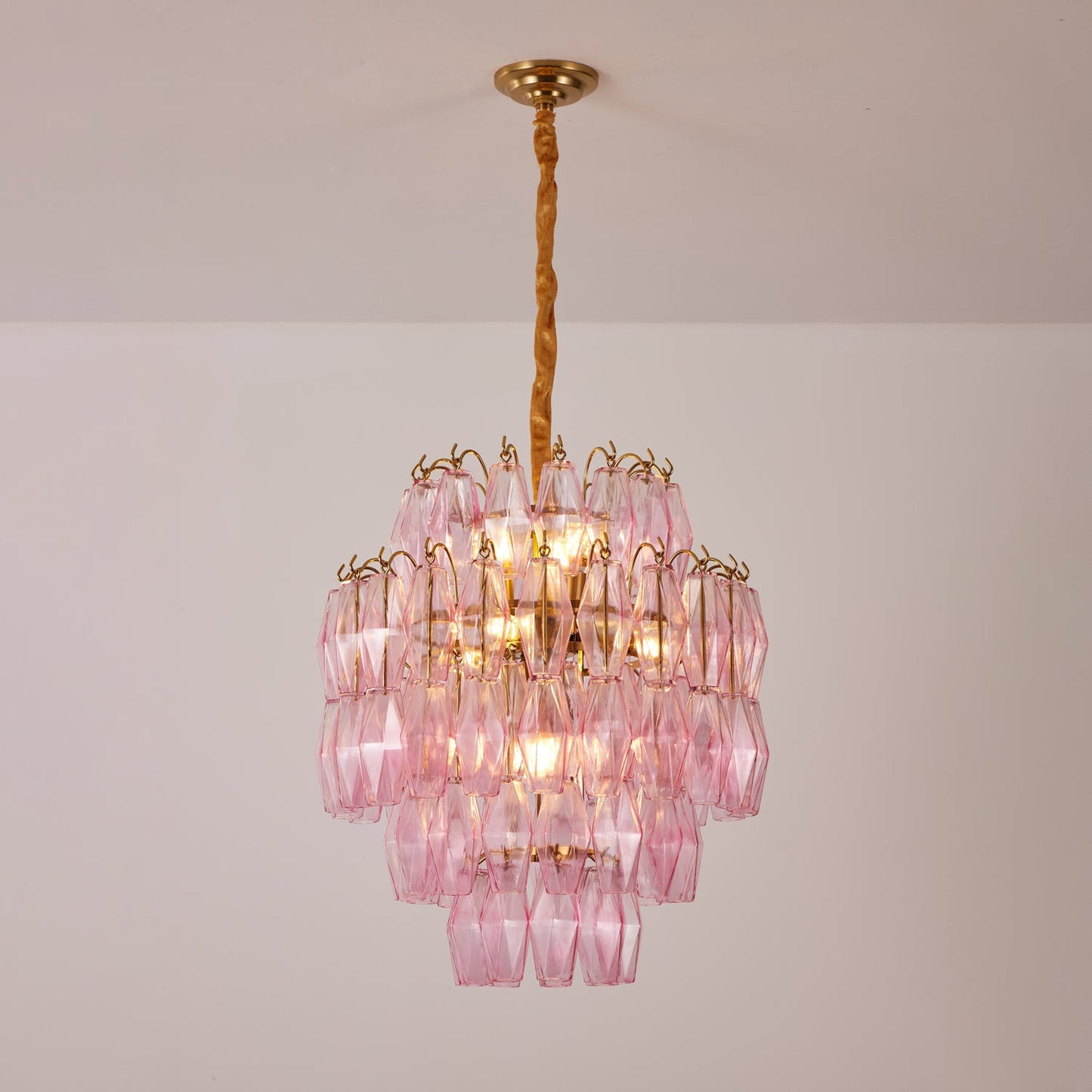 Elegant Pink Glass Prism Chandelier with Adjustable Height & LED Compa