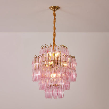 Elegant Pink Glass Prism Chandelier with Adjustable Height & LED Compa