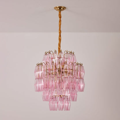 Elegant Pink Glass Prism Chandelier with Adjustable Height & LED Compa