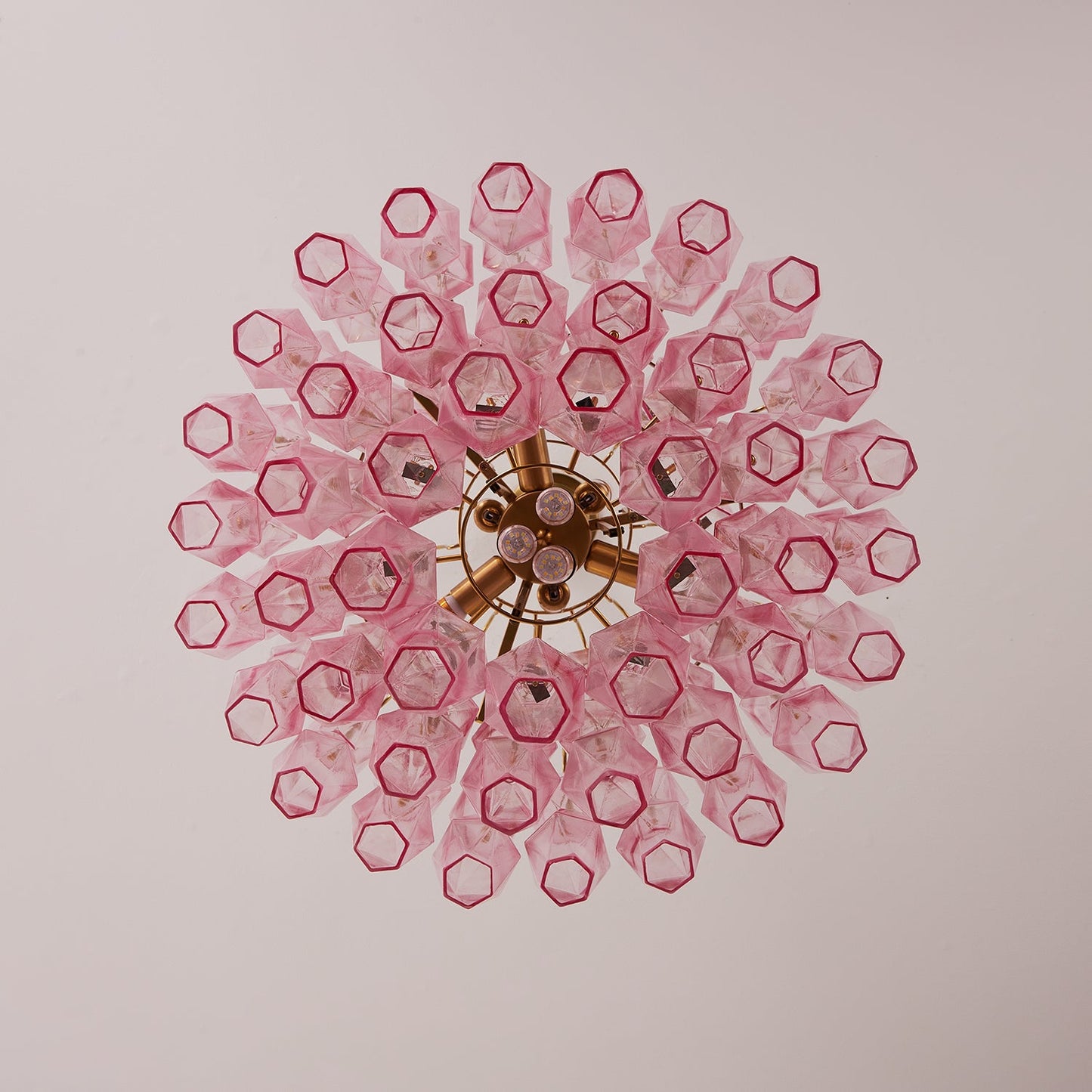 Elegant Pink Glass Prism Chandelier with Adjustable Height & LED Compa