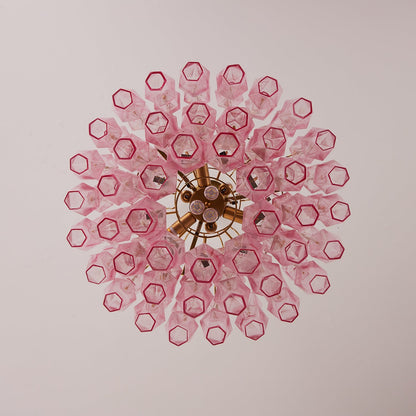 Elegant Pink Glass Prism Chandelier with Adjustable Height & LED Compa