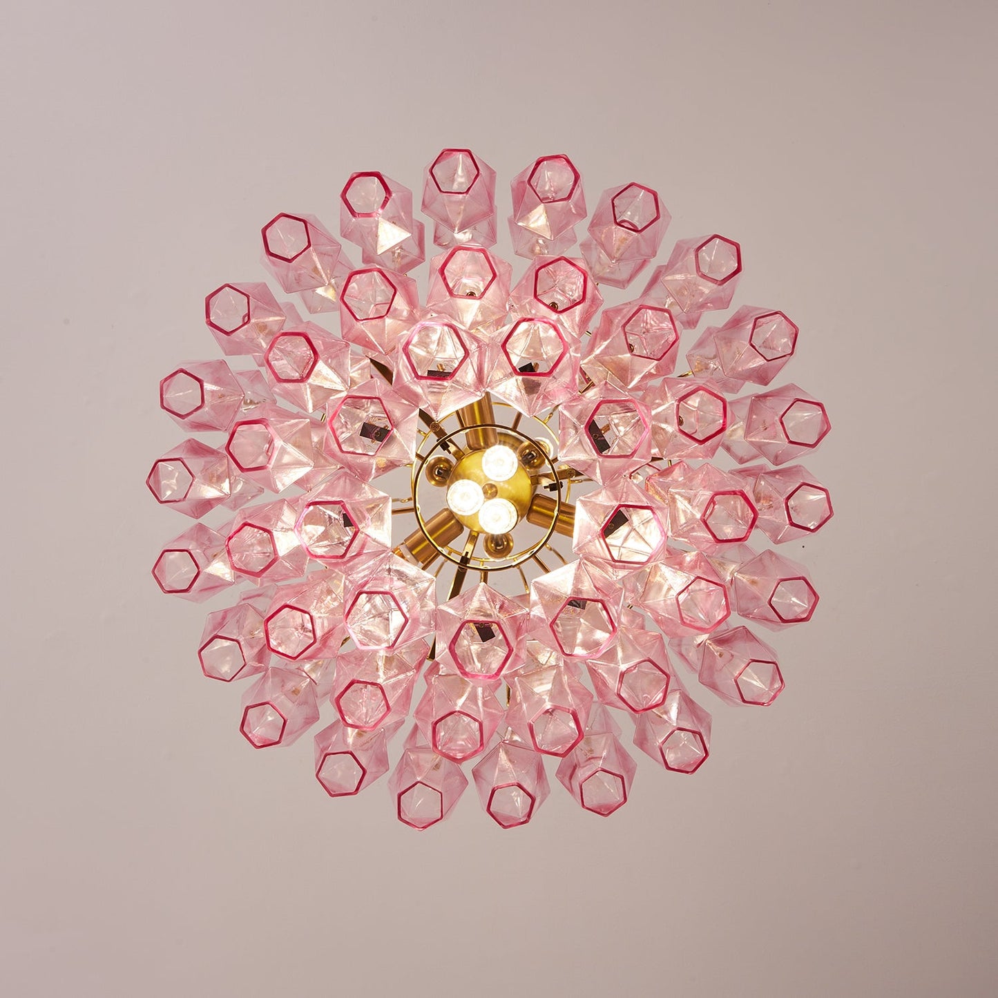 Elegant Pink Glass Prism Chandelier with Adjustable Height & LED Compa