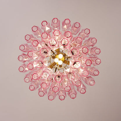 Elegant Pink Glass Prism Chandelier with Adjustable Height & LED Compa