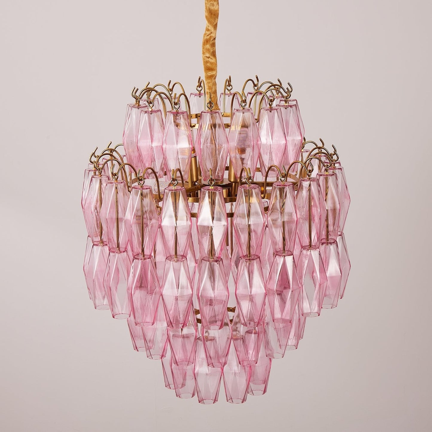 Elegant Pink Glass Prism Chandelier with Adjustable Height & LED Compa