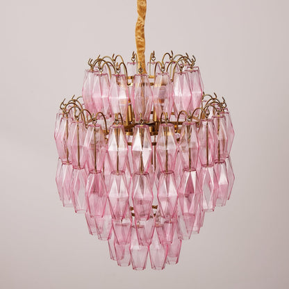 Elegant Pink Glass Prism Chandelier with Adjustable Height & LED Compa