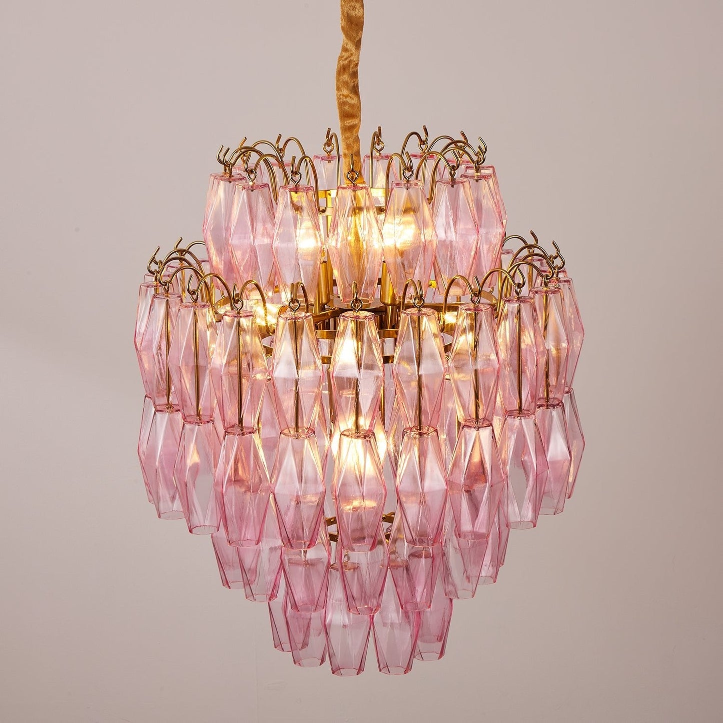 Elegant Pink Glass Prism Chandelier with Adjustable Height & LED Compa
