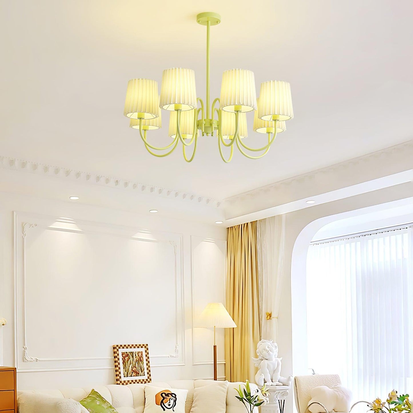 Elegant Pleated Fabric Matcha Chandelier with Adjustable Height & Soft